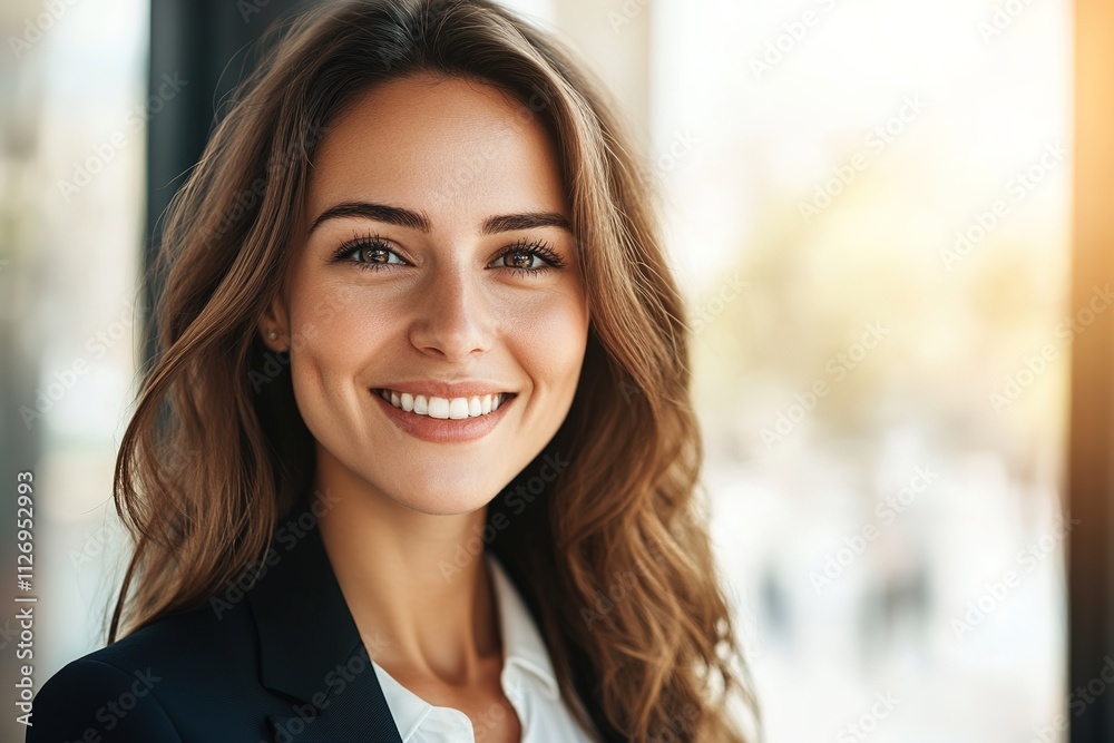 Smiling woman in business attire with natural light behind Smiling woman in business attire with natural light behind