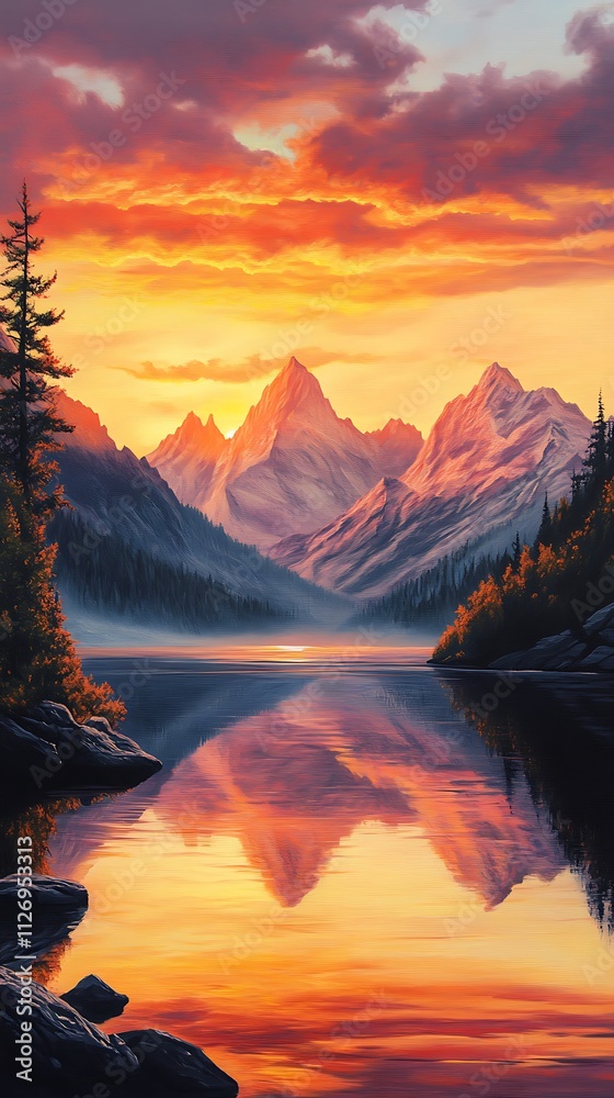 Fototapeta premium A serene mountain landscape at sunset, reflecting on a calm lake.