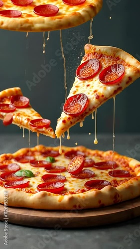 Mouthwatering pepperoni pizza slices hover above a cheesy crust in a captivating culinary display