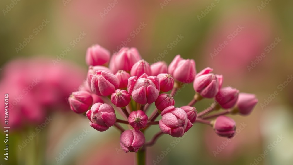 Close-up view of delicate pink flower buds, blooming in a soft-focus natural setting Close-up view of delicate pink flower buds, blooming in a soft-focus natural setting