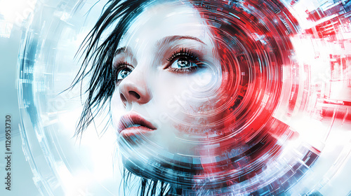 Illustration of a specifically made-up girl model in a professional rapture and futuristic context. Rapture. Illustration