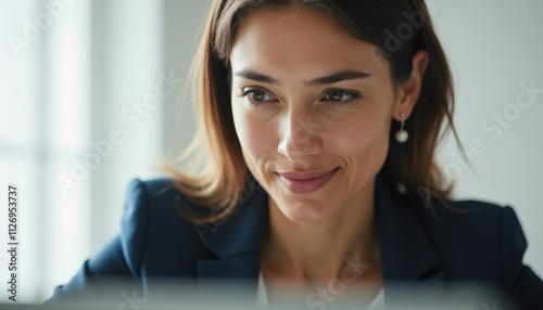 A focused businesswoman in a navy blazer smiles subtly while working on a laptop. Free Download A focused businesswoman in a navy blazer smiles subtly while working on a laptop. - GFXLoad