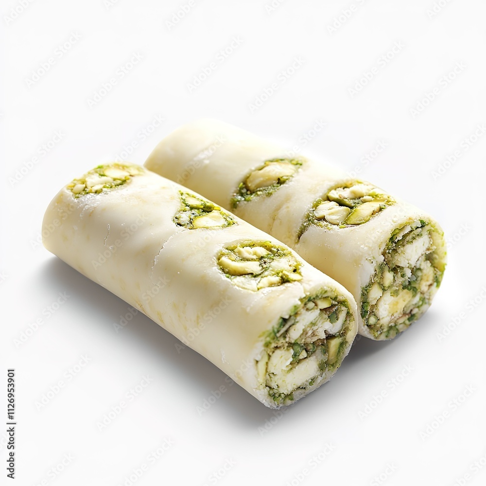 Two rolls of food with a green and white filling Two rolls of food with a green and white filling