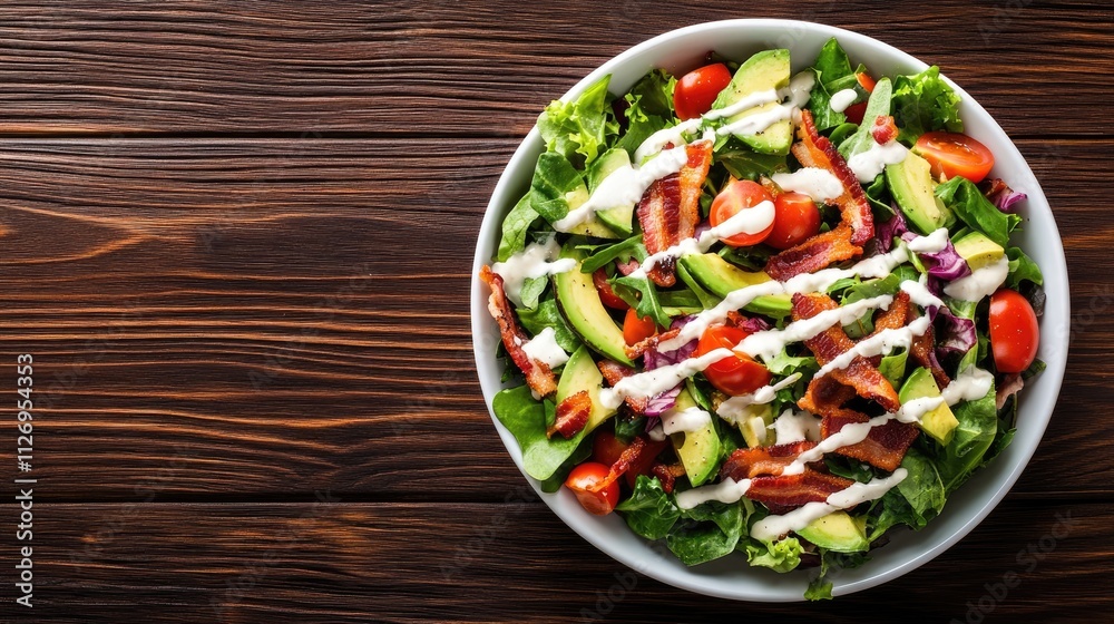Fresh Green Salad with Bacon, Avocado, Cherry Tomatoes, and Creamy Dressing on Rustic Wooden Table Fresh Green Salad with Bacon, Avocado, Cherry Tomatoes, and Creamy Dressing on Rustic Wooden Table