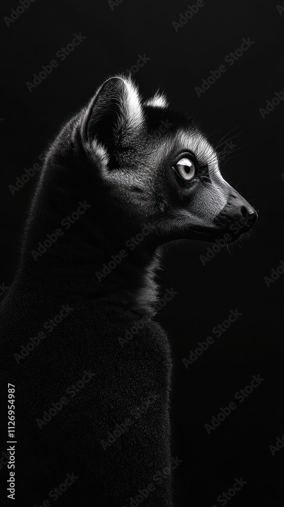 A monochrome close-up of a sleek animal's profile against a dark background.