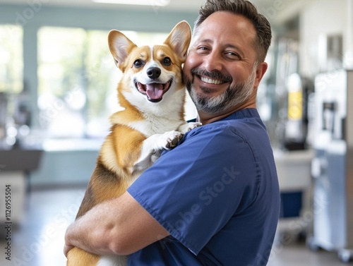 Happy veterinarian with a Corgi dog during a checkup at a modern clinic photo