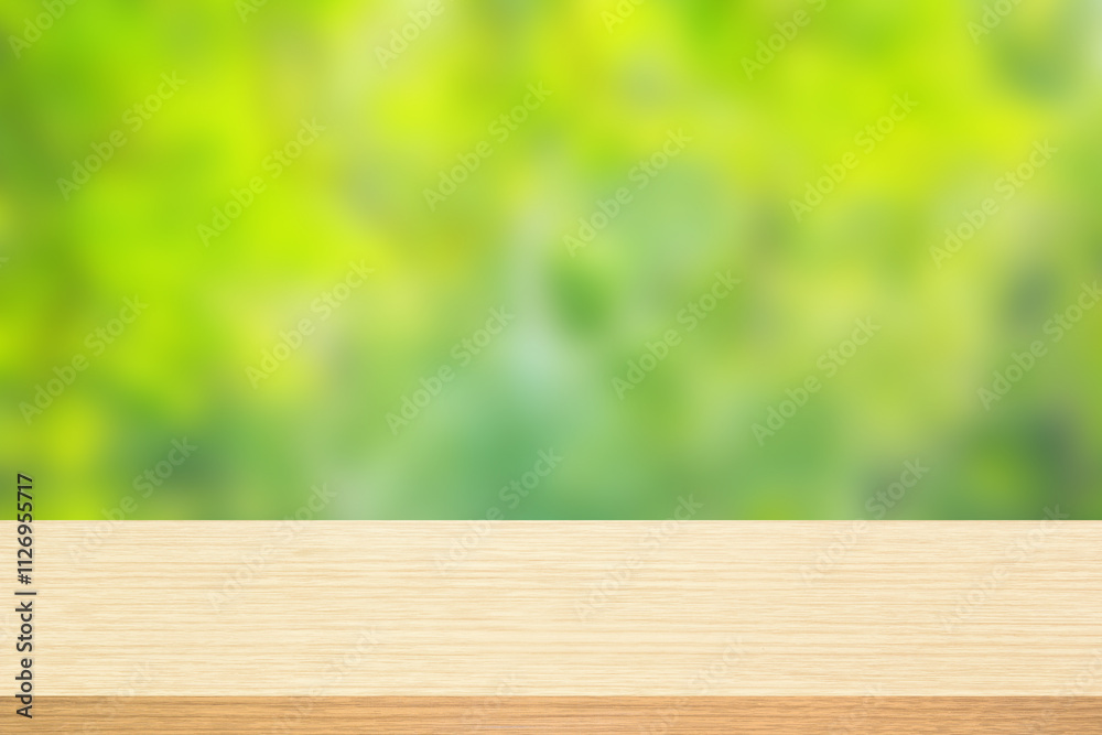 Wood floor with blurred trees of nature park background and summer season Wood floor with blurred trees of nature park background and summer season