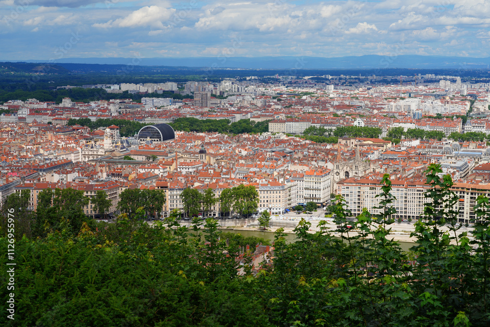 Landscape view of downtown Lyon seen from the Basilica of Notre Dame of Fourvière. Landscape view of downtown Lyon seen from the Basilica of Notre Dame of Fourvière.