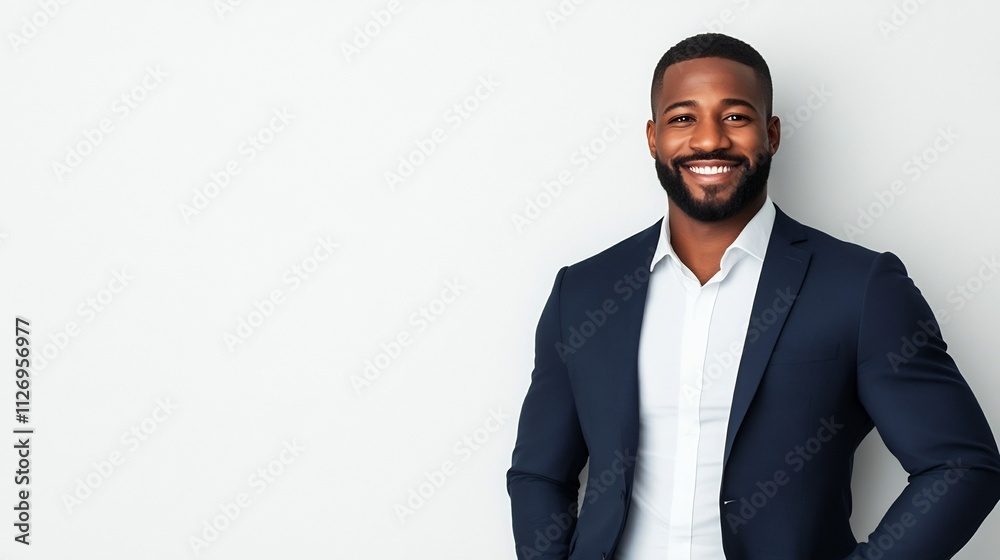Confident Businessman in Navy Suit Offering Firm Handshake Against White Studio Backdrop Confident Businessman in Navy Suit Offering Firm Handshake Against White Studio Backdrop