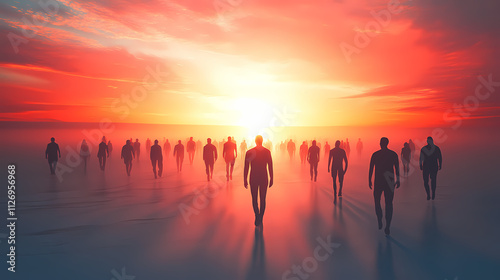 People walking to light, religion concept, rapture end of time, way to heaven, holy divide light shine at horizon, generative ai. Rapture. Illustration