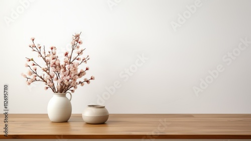 Empty wooden white table over white wall background