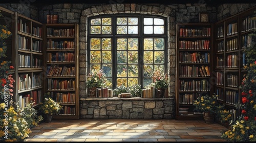 Cozy library with stone walls and window view.