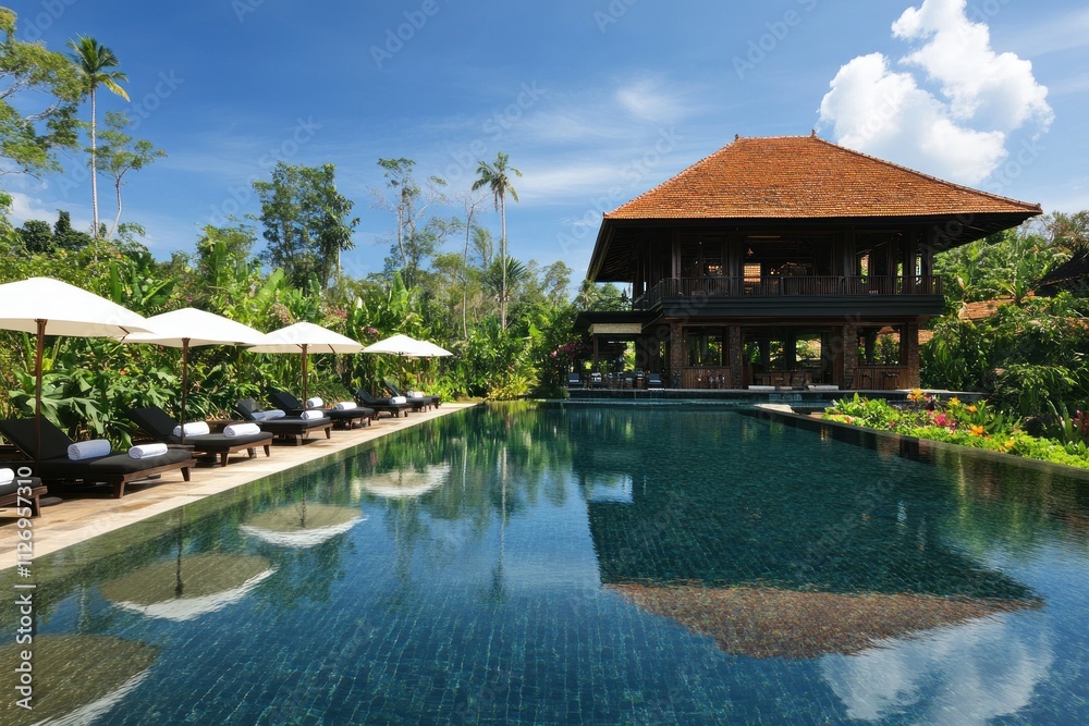 A serene resort with a pool surrounded by lush greenery and a traditional building. A serene resort with a pool surrounded by lush greenery and a traditional building.