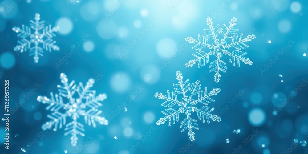 Intricate Ice Crystals Falling on a Serene Blue Background