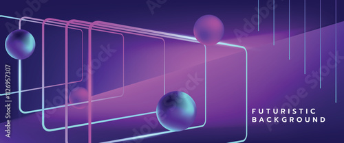 Futuristic background neon 3D shapes, geometric frames on a deep purple gradient backdrop. Modern technology, innovation and abstract.