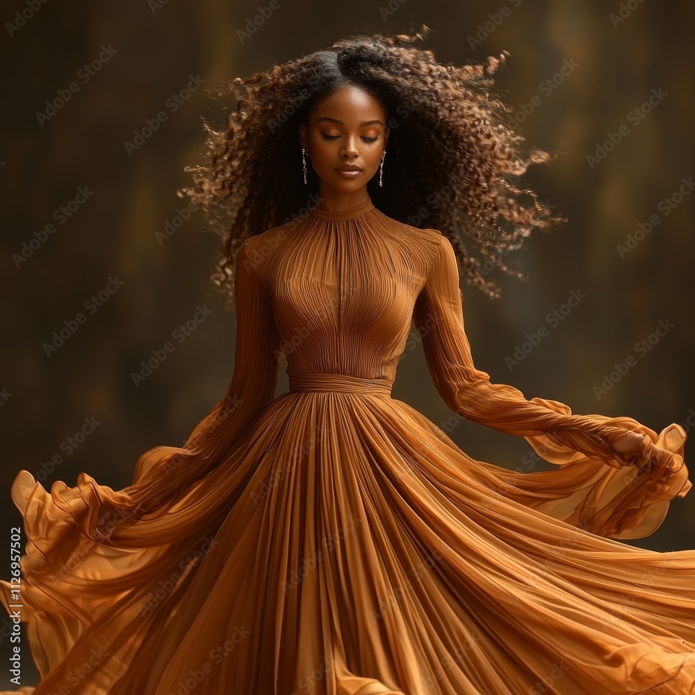 Elegant woman in flowing dress exuding grace and artistic fashion Elegant woman in flowing dress exuding grace and artistic fashion
