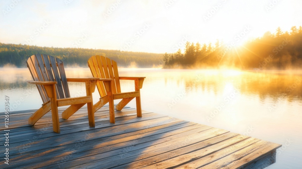 Naklejka premium The tranquil scene of two weathered Adirondack chairs sitting side by side on a wooden dock, overlooking a serene lake in Muskoka, Canada, is bathed in the warm glow of the sunrise