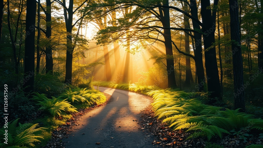 Fototapeta premium Sunlit Path Through a Verdant Forest at Dawn, Illuminated by Golden Rays