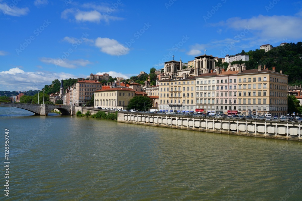 View of colorful buildings on the quay on the Saone River in downtown Lyon, France. View of colorful buildings on the quay on the Saone River in downtown Lyon, France.