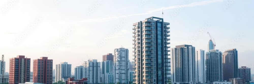 Modern module apartment block with sleek glass facades and geometric design, balconies, facade Modern module apartment block with sleek glass facades and geometric design, balconies, facade