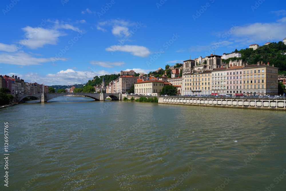 Fototapeta premium View of colorful buildings on the quay on the Saone River in downtown Lyon, France.