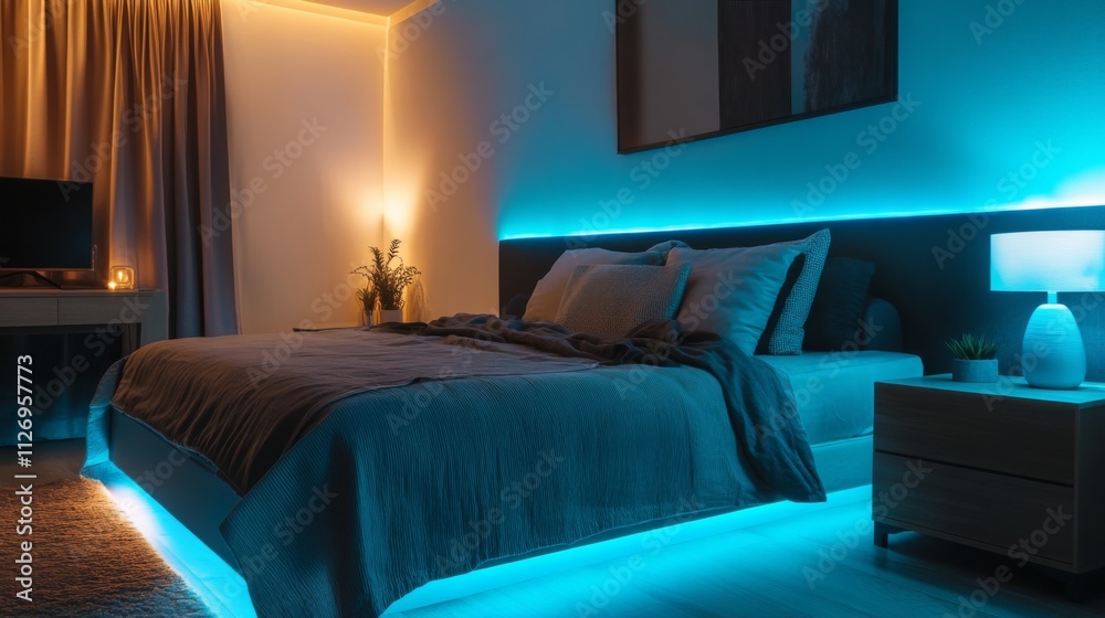 Modern Bedroom Design with LED Lights: Teal and Blue Ambiance Modern Bedroom Design with LED Lights: Teal and Blue Ambiance