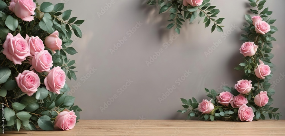 Fototapeta premium Handmade corner border with pink roses and eucalyptus branches, creative, artistry, craft, decorative elements
