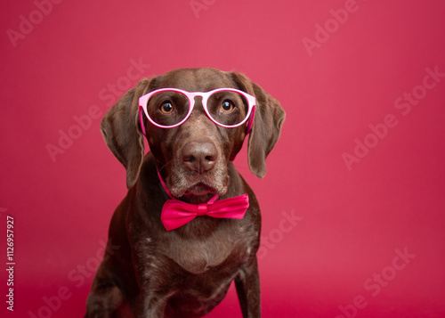 Portrait of a German Shorthaired Pointer wearing a bow tie and pair of glasses