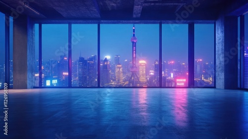 A modern, empty interior with large windows showcasing a vibrant city skyline at night.