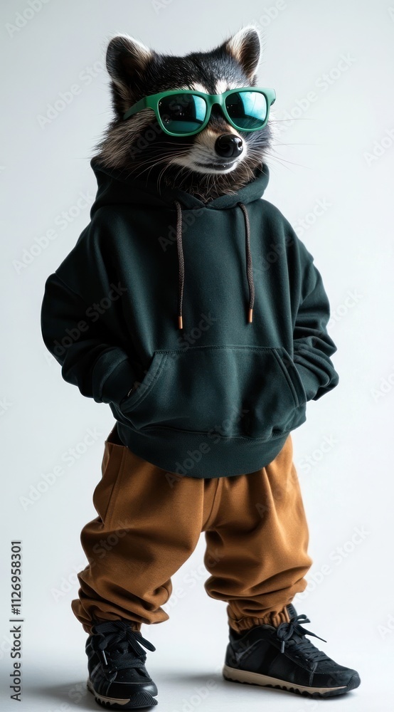 A stylish raccoon wearing sunglasses and casual clothing strikes a playful pose. A stylish raccoon wearing sunglasses and casual clothing strikes a playful pose.