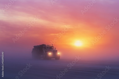 A truck drives through fog at sunset, highlighting the serene yet industrial landscape.