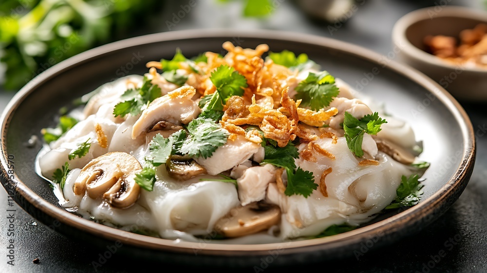 A plate of freshly steamed banh cuon, filled with tender halal chicken and mushrooms A plate of freshly steamed banh cuon, filled with tender halal chicken and mushrooms