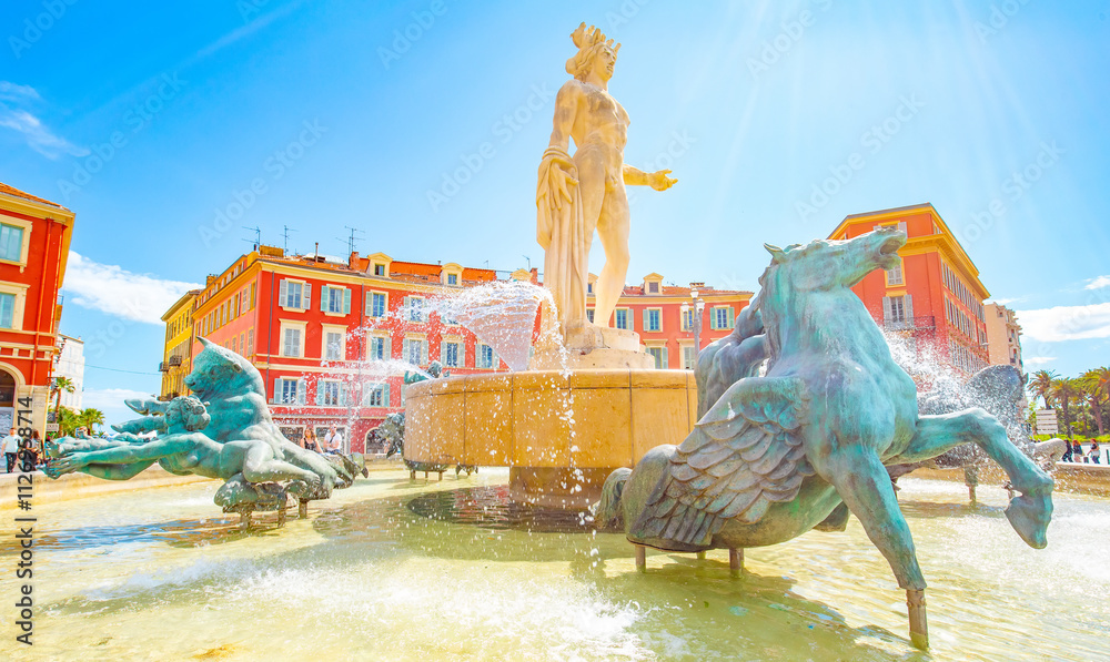 Massena Place in Nice city and Sun Fountain (Fontaine du Soleil), France