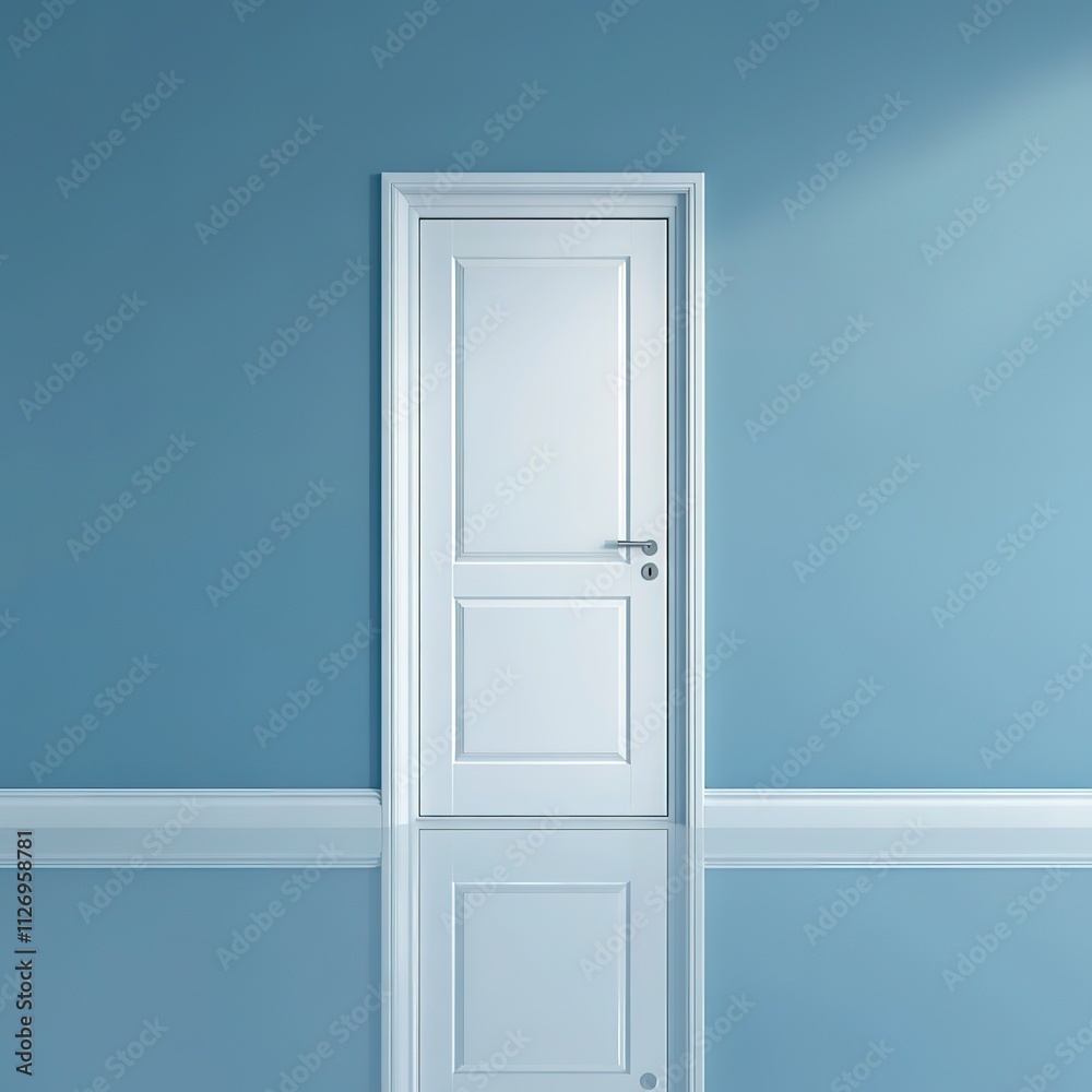 A white door with a silver handle sits in front of a blue wall A white door with a silver handle sits in front of a blue wall