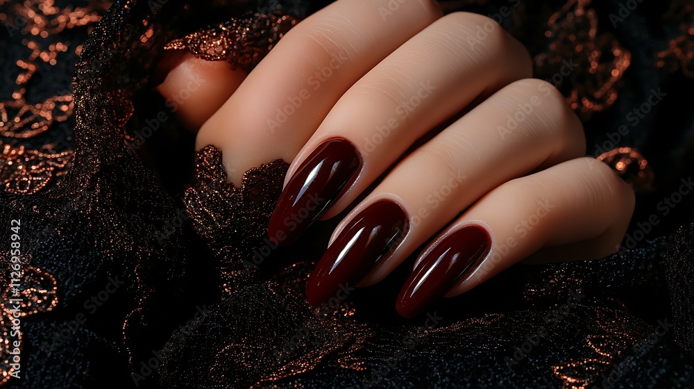 Naklejka premium Dark Burgundy Nail Design: Close-up Shot Against Luxurious Lace AI Generated