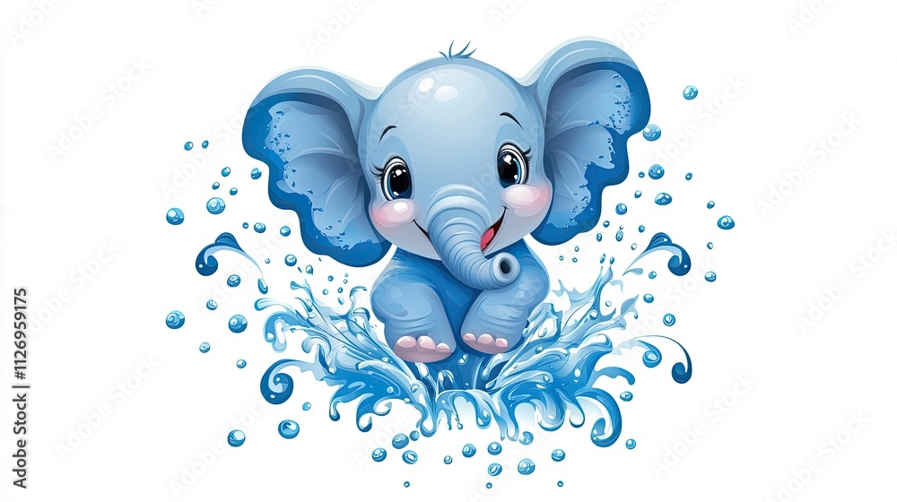 Cute cartoon elephant splashing in water with blue waves and joyful expression, perfect for children's designs and projects Cute cartoon elephant splashing in water with blue waves and joyful expression, perfect for children's designs and projects