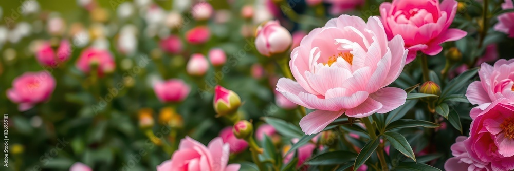 Fototapeta premium Pink peony flowers in full bloom creating a beautiful and elegant background, bloom, botanical, garden