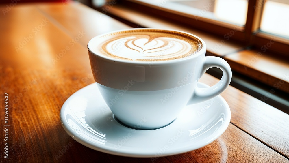 Close up hot cappuccino white coffee cup with heart shape latte art on dark brown old wood table at cafe,food and drink concept Close up hot cappuccino white coffee cup with heart shape latte art on dark brown old wood table at cafe,food and drink concept
