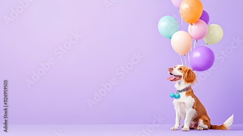 Happy dog with colorful balloons in a bright purple background creating a joyful and cheerful atmosphere for celebrations