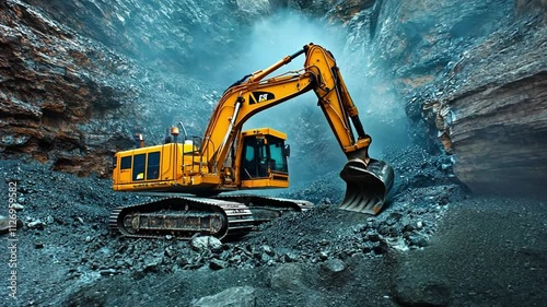 Excavator working in a quarry surrounded by rocky terrain and mist in high-definition 4k quality