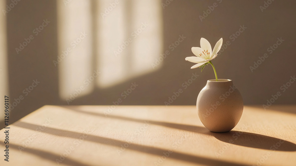 A minimalistic photo of a simple ceramic vase with a single flower, showcasing soft light and shadows on a wooden surface A minimalistic photo of a simple ceramic vase with a single flower, showcasing soft light and shadows on a wooden surface