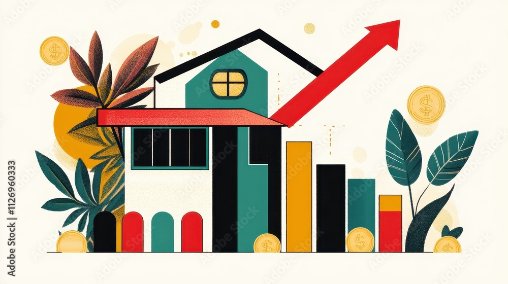Fototapeta premium Vibrant Illustration of a Modern House with Growing Bar Graphs and Coins, Symbolizing Financial Growth, Success, and Real Estate Investment Trends