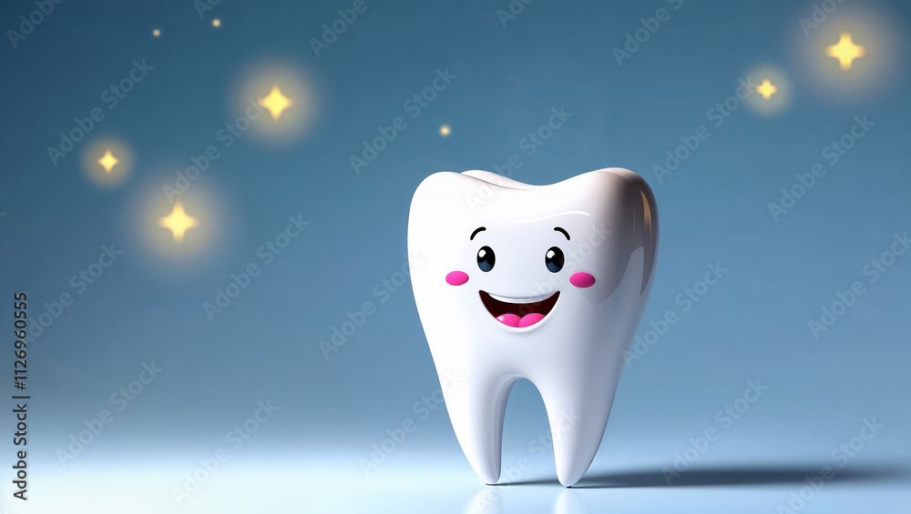 Sparkling clean white healthy tooth smiling on blue background Sparkling clean white healthy tooth smiling on blue background