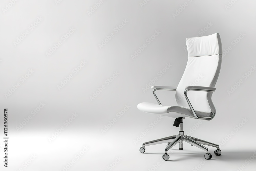 A white office chair with a black frame sits on a white background A white office chair with a black frame sits on a white background