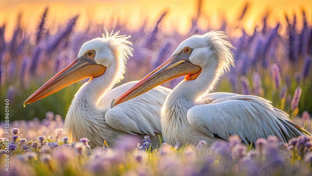 Elegant Pelicans Amidst Colorful Lavender Fields Elegant Pelicans Amidst Colorful Lavender Fields