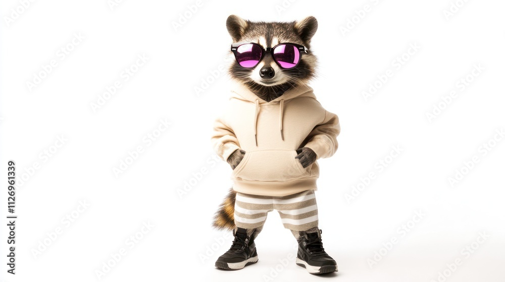 A raccoon wearing sunglasses, a hoodie, and shorts, posing confidently. A raccoon wearing sunglasses, a hoodie, and shorts, posing confidently.