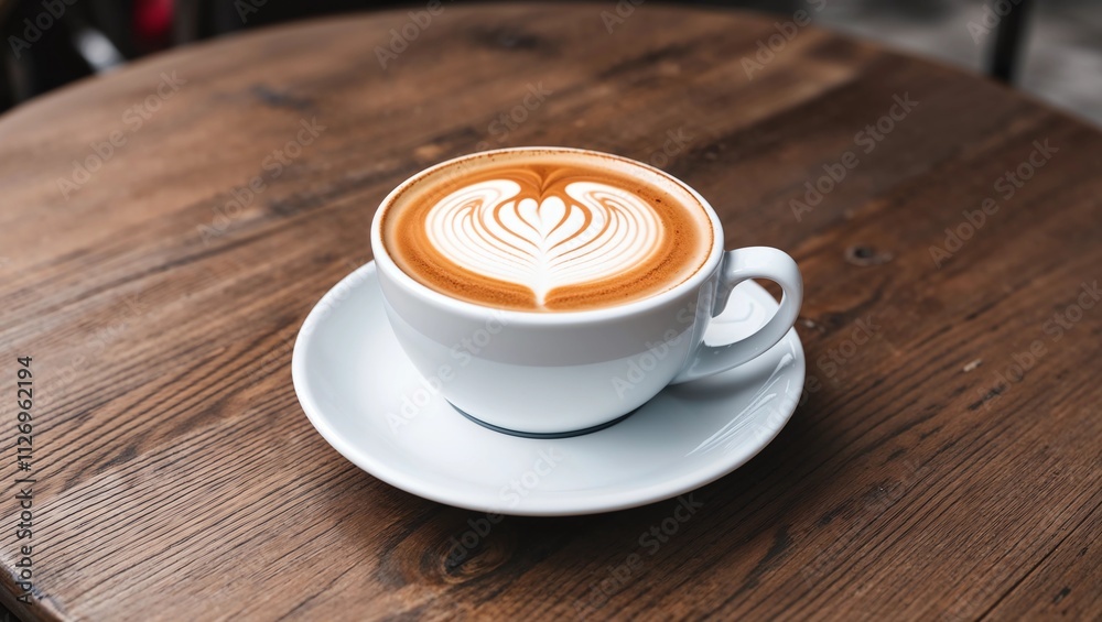 Close up hot cappuccino white coffee cup with heart shape latte art on dark brown old wood table at cafe,food and drink concept Close up hot cappuccino white coffee cup with heart shape latte art on dark brown old wood table at cafe,food and drink concept