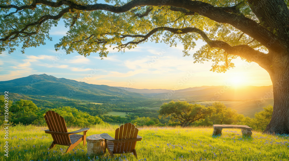 Fototapeta premium Tranquility at Sunset: Two Adirondack chairs sit beneath a majestic oak tree overlooking a valley bathed in the golden glow of a sunset. The idyllic scene evokes peace and serenity.
