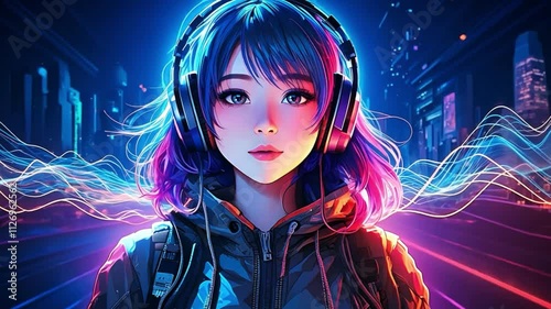 サイバーパンク夜景を背景にしたネオン波形音楽ビジュアライザー