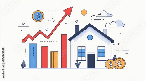 Illustrative Graphic of a Home with Financial Growth Elements Featuring Graphs, Coins, and Symbols Representing Real Estate and Market Trends